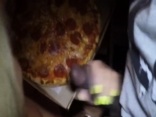 Pizza delivery stud feeds my lady some jizz