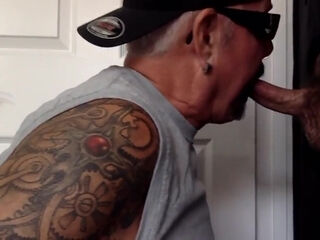 Gloryhole fledgling Mature fag With inked mitt bj's prick