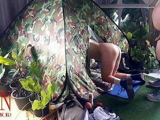 Bang-out in camp. A stranger pulverizes a naturist damsel in her hatch in a camping in nature.