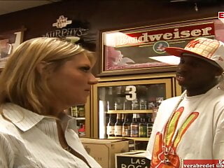 Big-titted blond waitress pick up from a big black cock for bi-racial fuck-a-thon