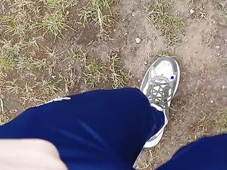 Super-sexy fellow ambles in the forest and drains off his schlong in his cock-squeezing sweatpants