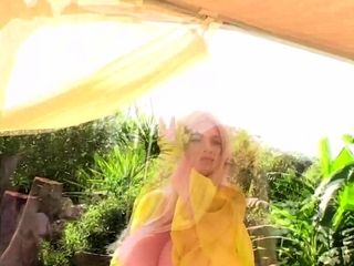 Buxom kitten ultra-cute striptease in her yellow summer sundress