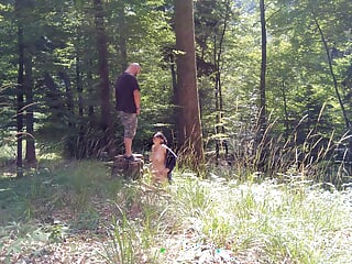 Exhibitionist wifey guzzling pee and taking facial cumshot in woods